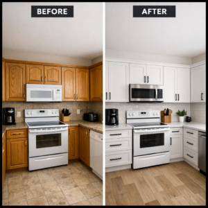 Before and after of a kitchen cabinet refacing project in an Edmonton home showing new doors, updated hardware, and modern finishes