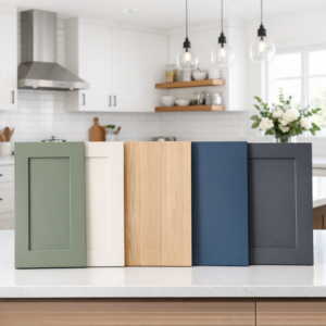 Close-up of shaker and slab cabinet doors used for kitchen cabinet refacing in modern Edmonton homes