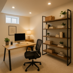 Modern finished basement home office with sleek desk and shelving