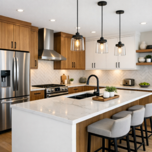 Modern kitchen renovation in Edmonton with custom cabinetry, quartz countertops, tile backsplash, and upgraded lighting