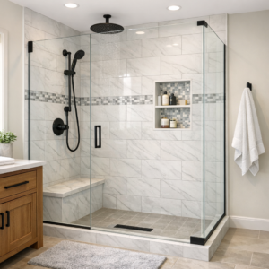 Updated Edmonton bathroom renovation with ceramic tile shower walls and modern fixtures.