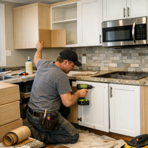 Contractor installing new cabinet doors and applying veneer panels during a kitchen cabinet refacing project in an Edmonton home