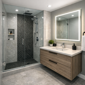 Edmonton bathroom renovation featuring a glass walk‑in shower, modern vanity, tile flooring, and LED mirror