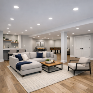 Finished basement renovation in an Edmonton home with new flooring, lighting, and living space.