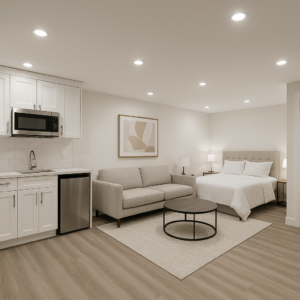 Modern legal basement suite with kitchenette and open living area