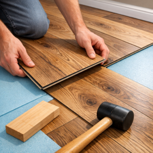 Close‑up of luxury vinyl plank flooring installed during an interior renovation in Edmonton.
