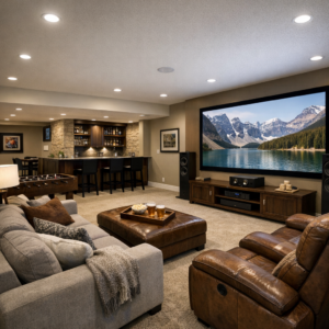 Finished basement in Edmonton with a rec room, home theatre setup, pot lights, and warm contemporary finishes