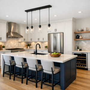 New custom kitchen cabinets installed in a redesigned Edmonton kitchen with a large island and upgraded modern finishes