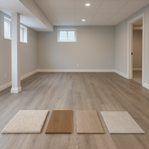 Basement flooring samples including luxury vinyl plank, carpet, engineered hardwood, and tile