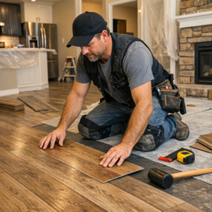 Finished basement in Edmonton with a rec room, home theatre setup, pot lights, and warm contemporary finishes