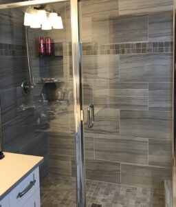 50/50 Horizontal Brick Lay tile pattern on shower walls