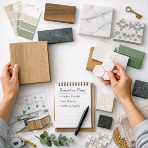 Flat‑lay of renovation material selections including tile, flooring, paint swatches, and countertops.