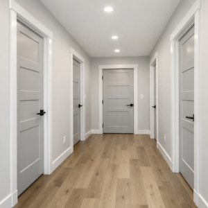 Newly renovated hallway in an Edmonton home with modern interior doors, white trim, baseboards, and casings
