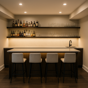 Modern basement bar with sleek counter, bar stools, and under‑cabinet lighting