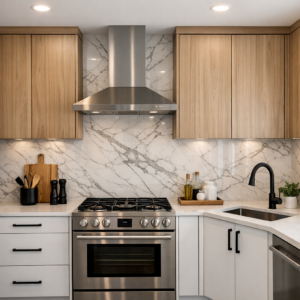 Modern kitchen backsplash upgrade paired with refaced cabinets in an Edmonton home