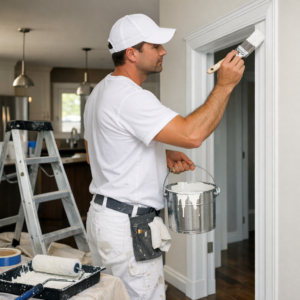Professional painter applying fresh paint to walls and trim inside an Edmonton home