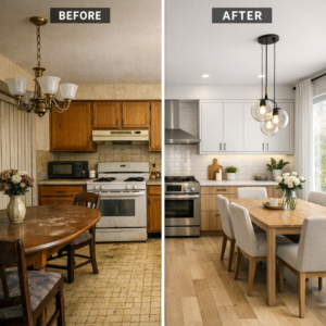 Side‑by‑side before‑and‑after images showing a dramatic interior renovation transformation in Edmonton.
