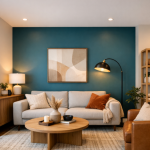 Painted accent wall in a modern Edmonton living room with deep blue accent color and minimalist décor