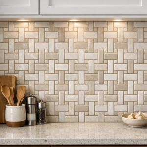 Modern kitchen backsplash featuring a basketweave ceramic tile pattern with subtle grout lines and soft under‑cabinet lighting.