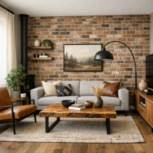 Brick veneer feature wall in a modern Edmonton living room with warm rustic tones and contemporary décor