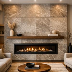 Stone‑look ceramic tile feature wall behind a fireplace in a modern Edmonton home
