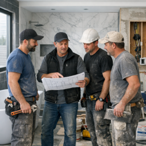 Contractor coordinating trades during bathroom renovation