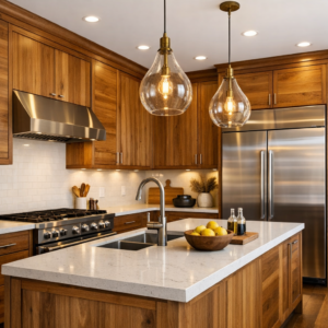Modern kitchen with custom natural wood‑style cabinets, quartz countertops, stainless steel appliances, and warm ambient lighting in a high‑end home renovation.