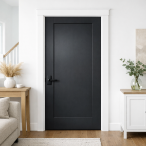 Interior door painted a dark modern colour with white casing and door frame