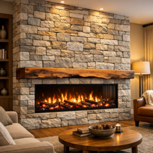 Modern electric fireplace with a natural stone surround and a live edge wood mantle, featuring a realistic flame effect in a warm, contemporary renovated living space.