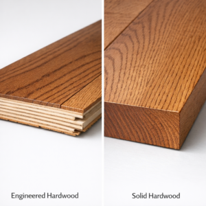 Side‑by‑side visual showing layered engineered hardwood next to solid hardwood plank