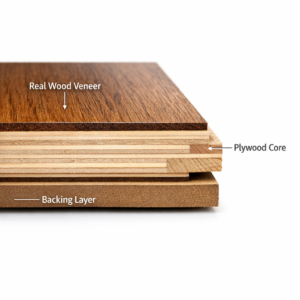 Close-up cross‑section of engineered hardwood flooring showing layered construction