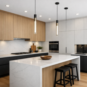 Modern kitchen with flat‑panel, minimalist slab‑front cabinets featuring clean lines, hidden hardware, quartz countertops, and a sleek contemporary design.