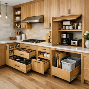 Modern kitchen featuring custom wood cabinets with functional storage solutions, including pull‑out drawers, vertical organizers, and hidden compartments in a high‑end renovation design.