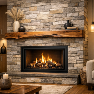 Modern gas fireplace with a natural stone surround and a handcrafted live edge wood mantle, featuring a warm contemporary flame in a freshly renovated living space.