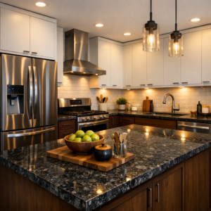 Kitchen with Dark Granite Counter Tops