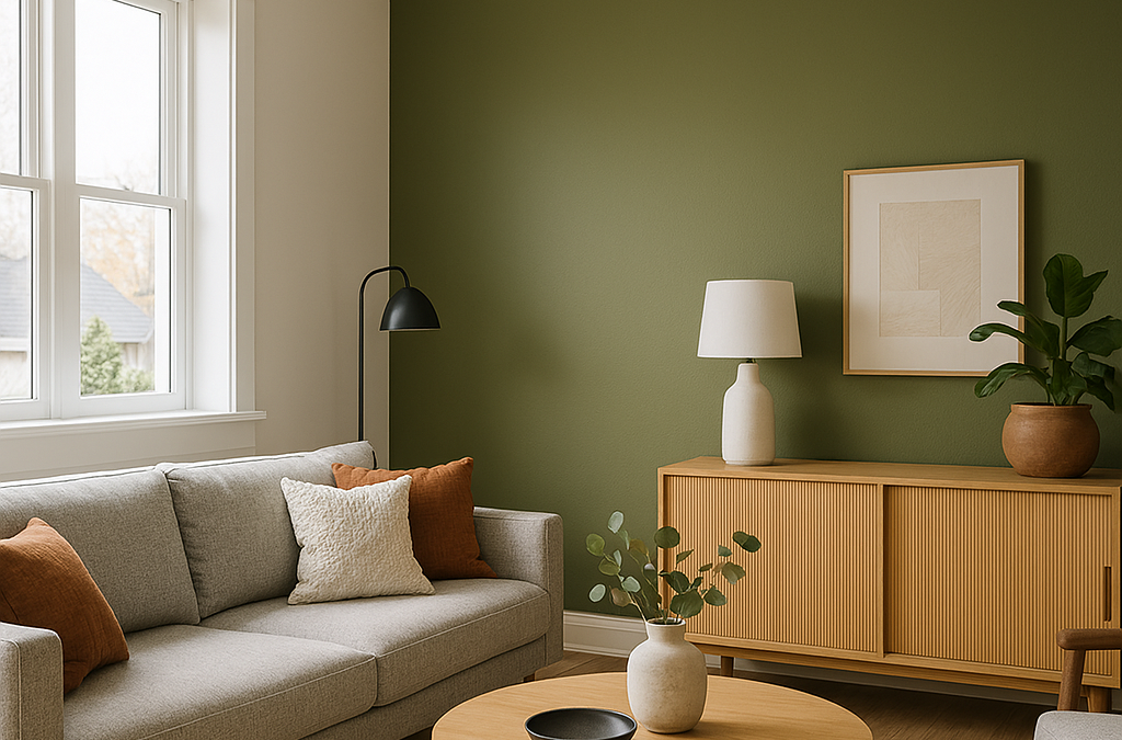 Modern living room with freshly painted feature wall and clean white trim