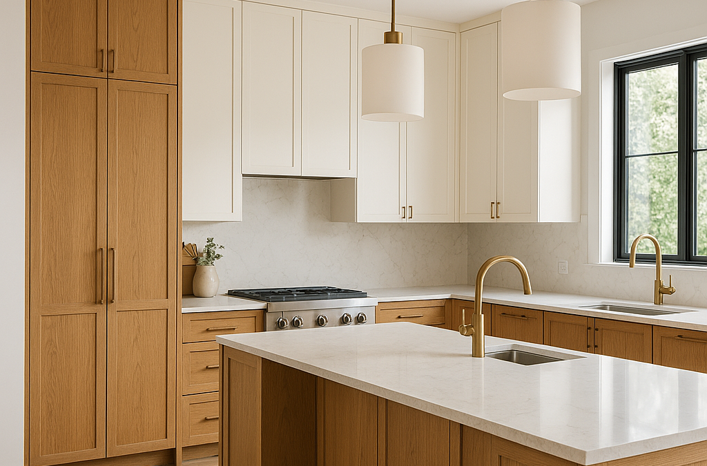 Modern 2026 kitchen renovation with slim shaker cabinets and quartz countertops