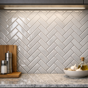 Modern kitchen backsplash with a herringbone ceramic tile pattern highlighted by soft under‑cabinet lighting.