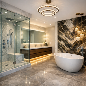High-end modern ensuite bathroom in Edmonton featuring a large custom tile shower, frameless glass, floating vanity with under-glow lighting, and freestanding soaker tub