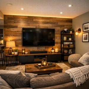 LVP wood‑look feature wall in an Edmonton basement entertainment room with mounted TV and LED lighting