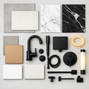 Luxury bathroom product selection mood board with tiles, fixtures, and countertop samples