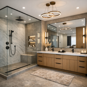 Modern walk-in shower and custom vanity in luxury Edmonton ensuite