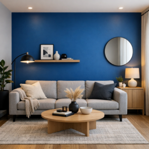 Painted feature wall in a modern Edmonton living room with deep blue accent color and minimalist décor