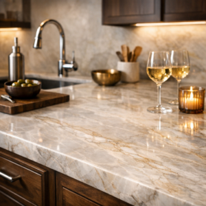 Close‑up of a natural quartzite countertop showcasing subtle veining, polished surface texture, and elegant stone patterns used in high‑end kitchen renovations.