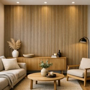 Modern vertical wood slat feature wall in a contemporary Edmonton living room with warm natural tones
