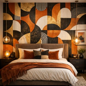 Bold patterned wallpaper feature wall in a stylish Edmonton bedroom with warm lighting and modern décor